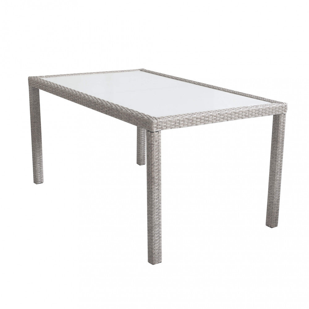 Tavolo da Giardino Rettangolare 150x90 cm in Wicker e Acciaio con Piano in Vetro