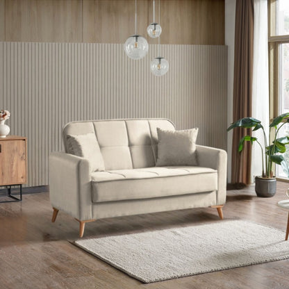 Divano Letto 2 Posti Marina Beige con Contenitore e Piedi in Legno