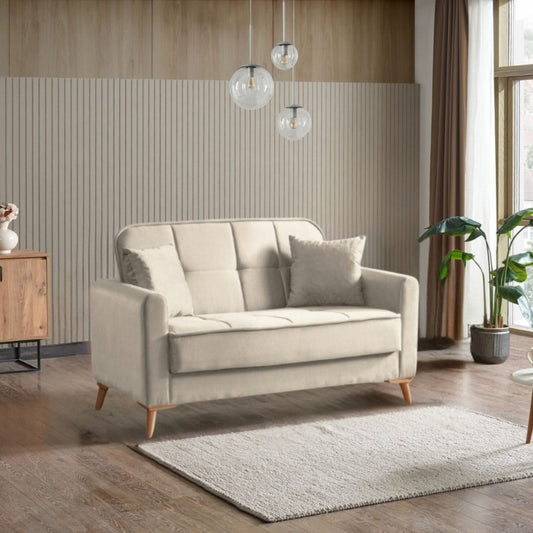 Divano Letto 2 Posti Marina Beige con Contenitore e Piedi in Legno