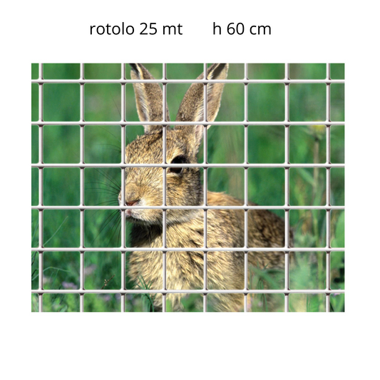 Rete zincata 12x12 mm, filo 0,90 mm, altezza 60 cm, rotolo 25 m