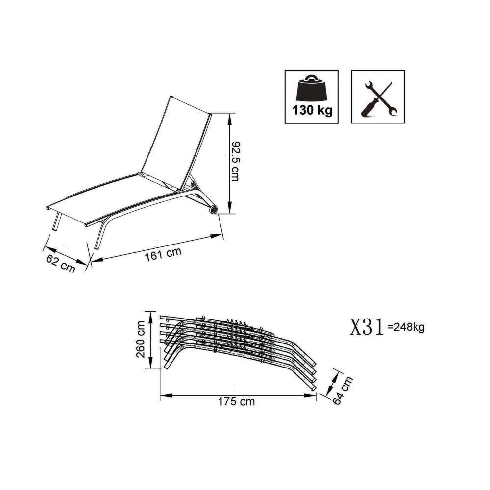 Lettino Prendisole impilabile taupe in Alluminio e Textilene