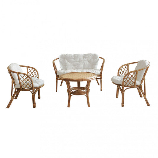 Set Salotto da Esterno Giardino in Midollino Marrone con Cuscini ecru