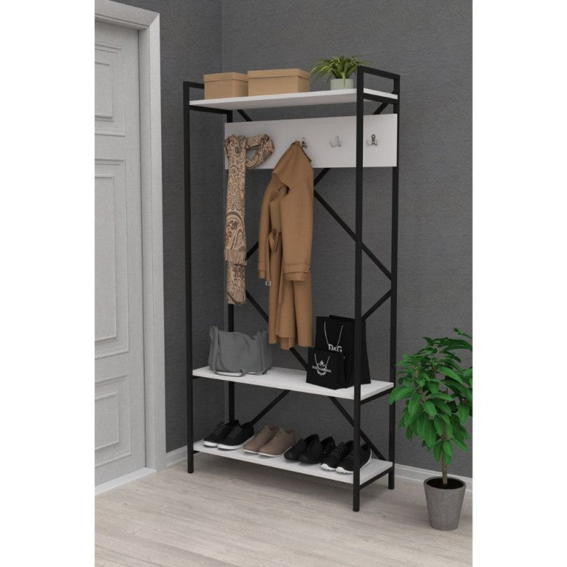 Scaffale per Ingresso Bianco Moderno con Ganci e Ripiani Appendiabiti