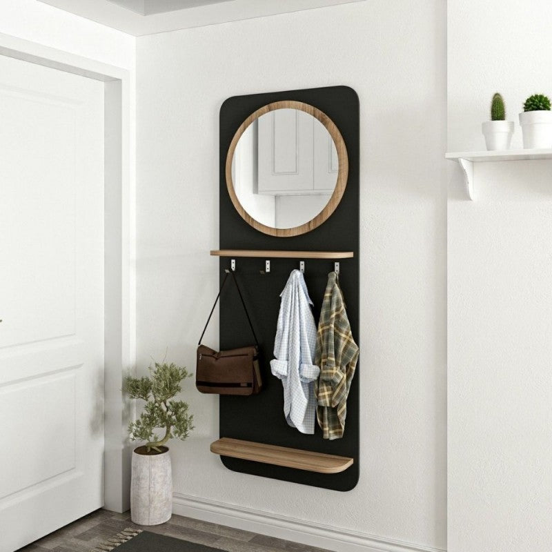Appendiabiti da Ingresso con Specchio Nero e Noce con 4 Ganci Moderno