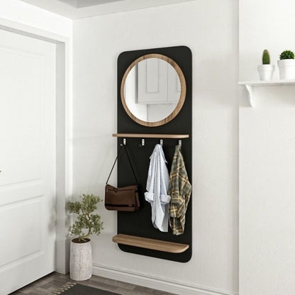 Appendiabiti da Ingresso con Specchio Nero e Noce con 4 Ganci Moderno