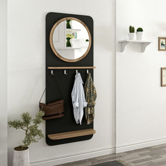 Appendiabiti da Ingresso con Specchio Nero e Noce con 4 Ganci Moderno