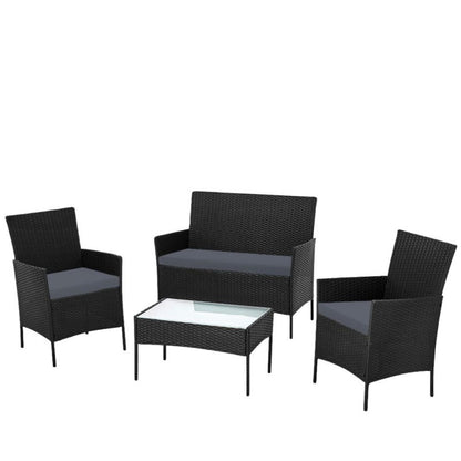 Salotto da Giardino in Rattan Nero con Tavolino e Cuscini