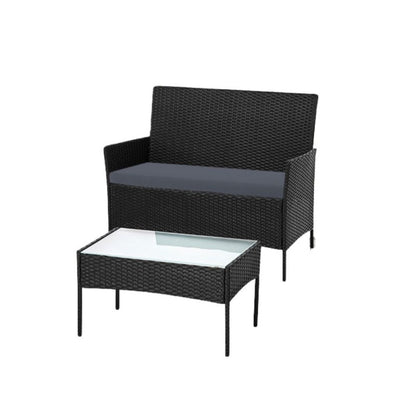 Salotto da Giardino in Rattan Nero con Tavolino e Cuscini