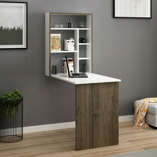 Scrivania a Scomparsa da Parete con Libreria Bianco e noce per Cameretta