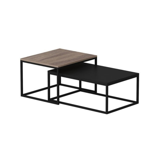 Set Tavolini da Salotto Nero e Noce con Struttura in Metallo