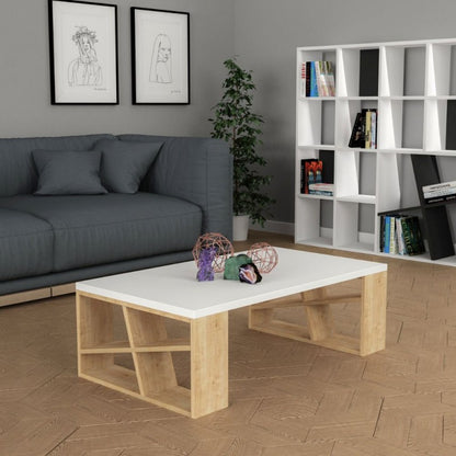 Tavolino da Salotto 105x60 cm Piano Bianco e Gambe Rovere