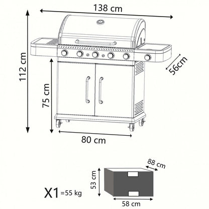 Barbecue a gas in acciaio inox 5 fuochi con fornello laterale