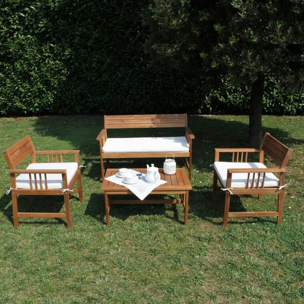Salotto da Esterno in Legno di Acacia con Cuscini Bianchi