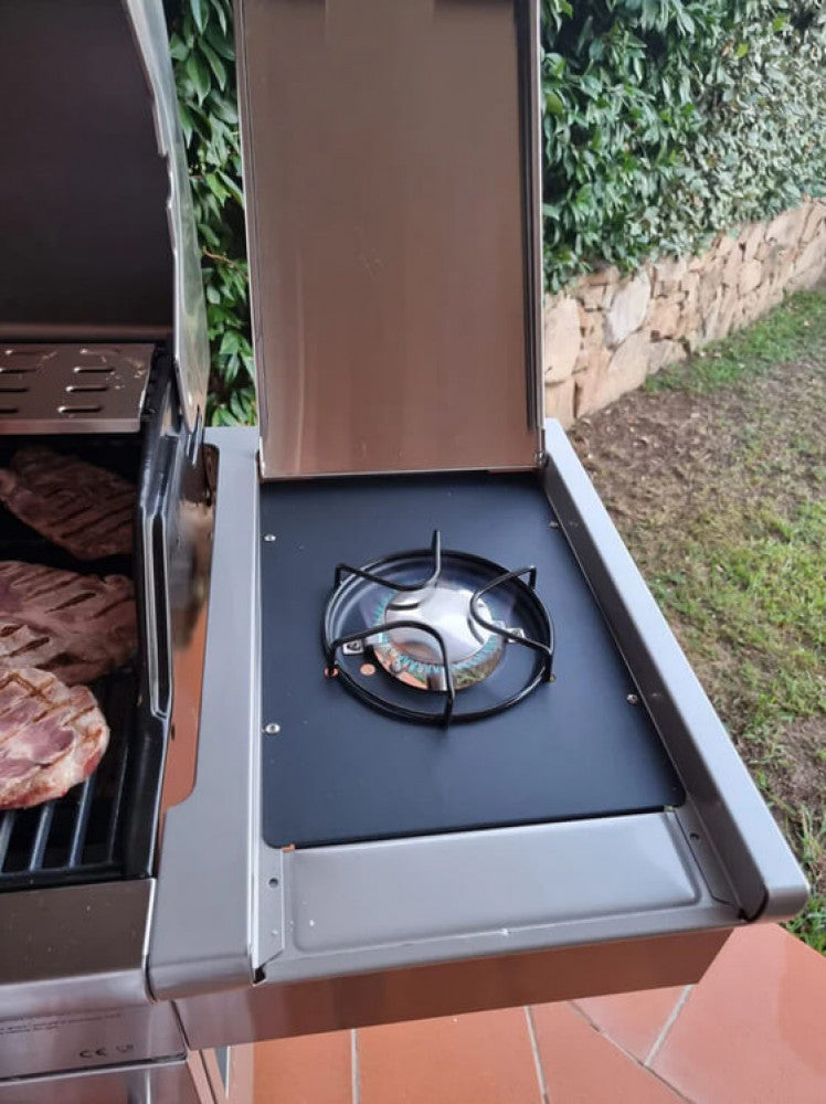 Barbecue a gas 4 fuochi in acciaio inox con griglie e piastra in ghisa