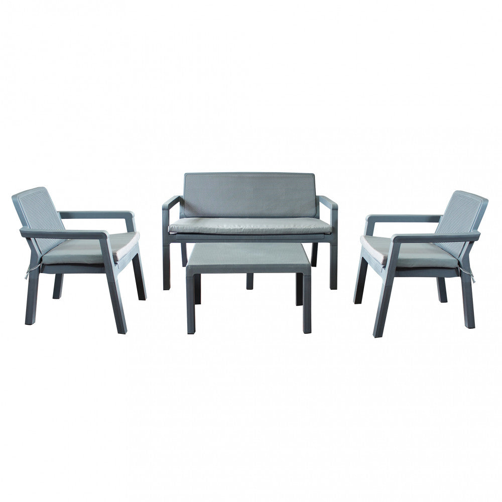 Salotto in polipropilene grigio con cuscini grigi, 3 pezzi 63x122,5x75 cm