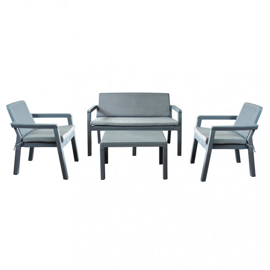 Salotto in polipropilene grigio con cuscini grigi, 3 pezzi 63x122,5x75 cm